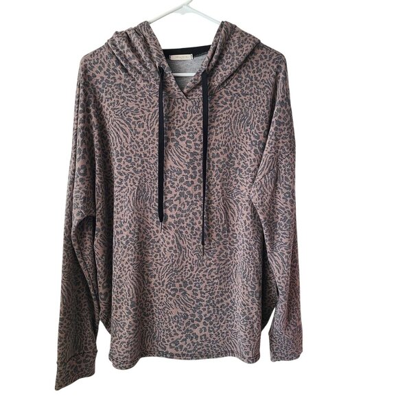 12PM By Mon Ami US Womens Size L Leopard Print Hoodie Black Drawstrings Stretch - Picture 1 of 8